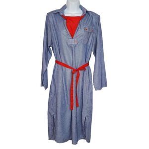 Vintage 80s Blue Stripe Collared Shirt Dress 14 Light Weight Beach Nautical Red
